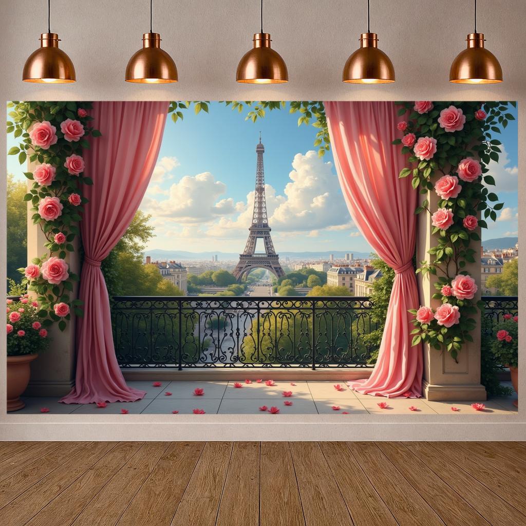 Romantic Rose Banner Balcony Scene Paris Landscape Backdrop Floral Decor Banner Green Vine Eiffel Tower Backdrop For Wedding