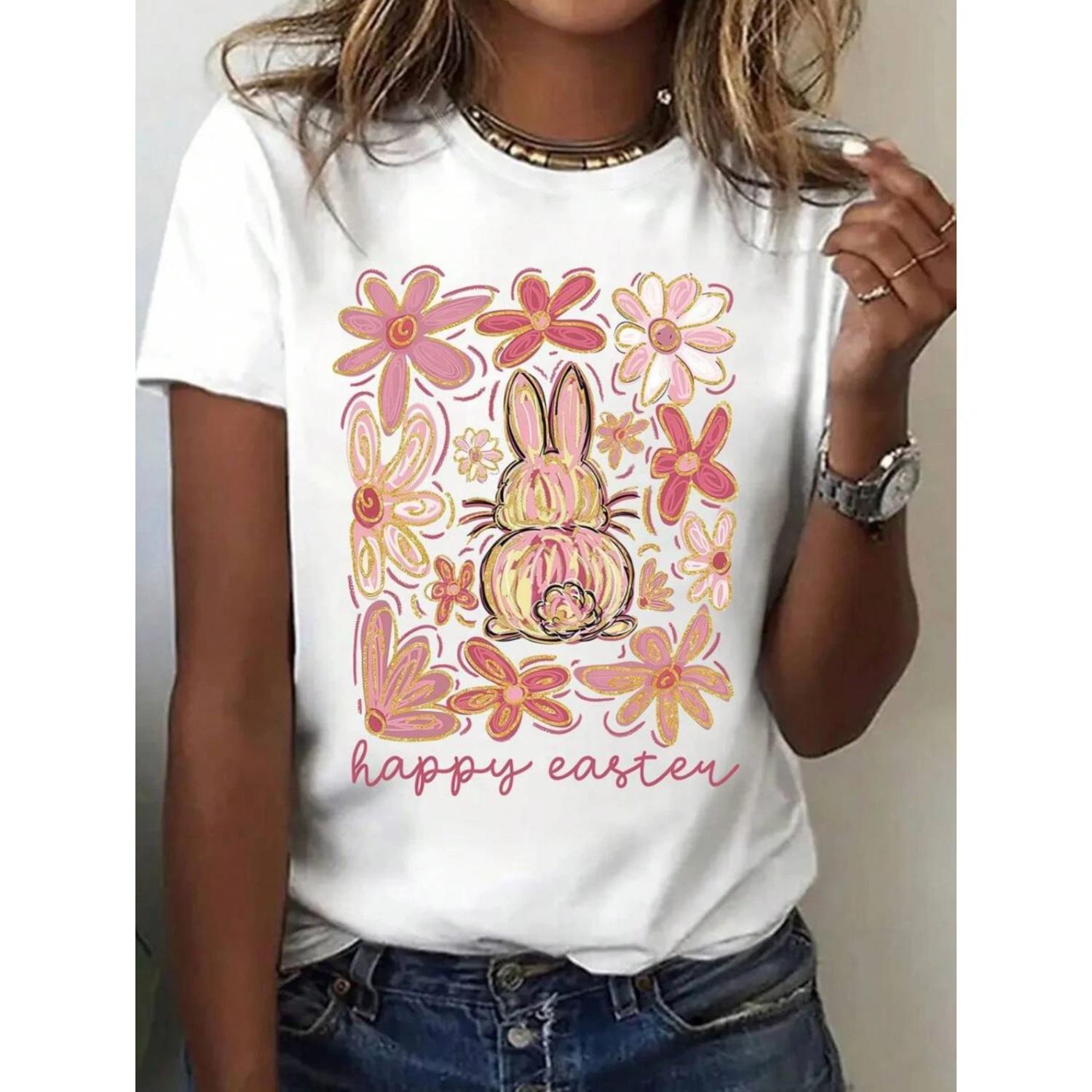 

Summer Top Happy Easter Bunny Bohemian Easter Girls Pink Easter Casual Round Neck Short Sleeve T-Shirt Graphic Tees Women XXXXXL білий