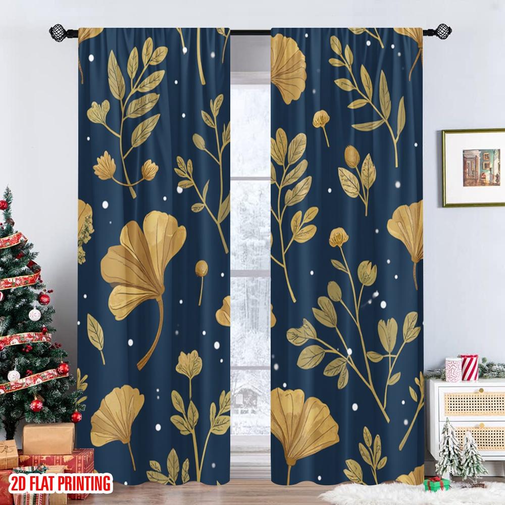 Flat Printing Curtains Golden Ginkgo Leaves Digital Printed Polyester Drapes Festive Holiday Bedroom Window Curtain Set Of 2 Made Washable Ready