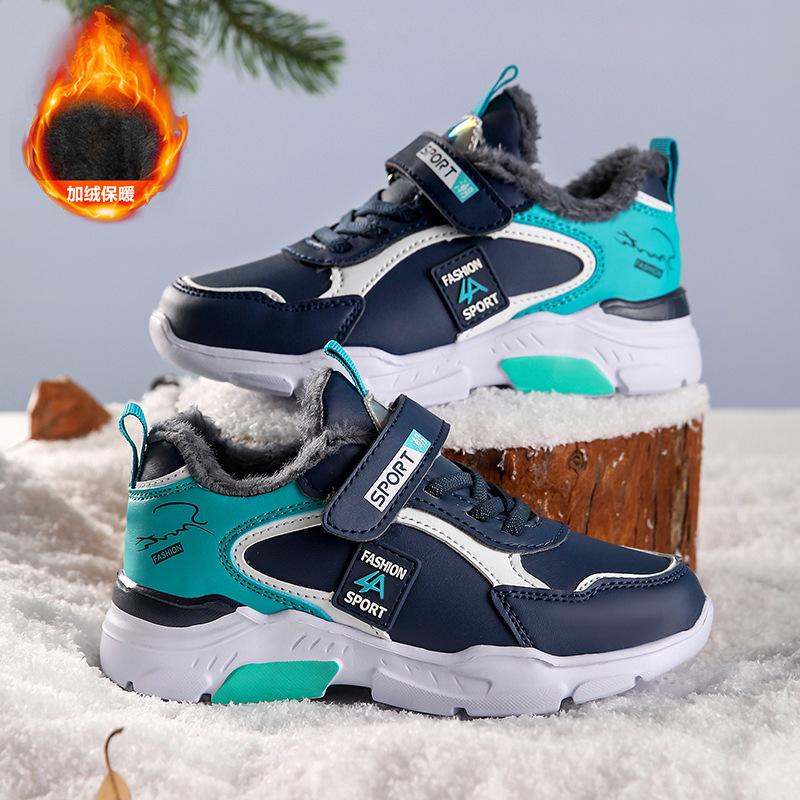 Children's sports shoes fleece warm cotton shoes 2025 autumn and winter non-slip soft-soled primary school students middle and older children's fat