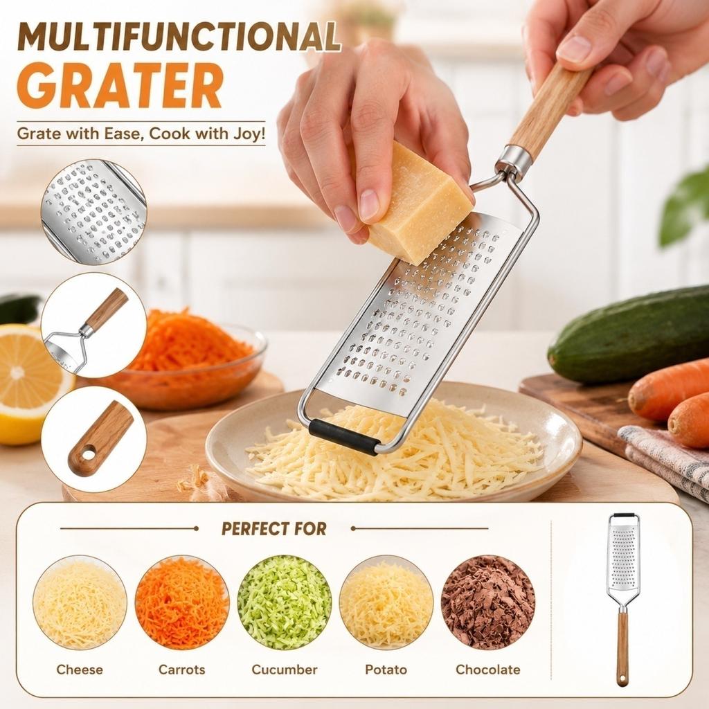 Stainless Steel Kitchen Grater Multifunctional Vegetable Cheese Grater Peeler for Carrot Potato Ginger with Wooden Handle Durable Design