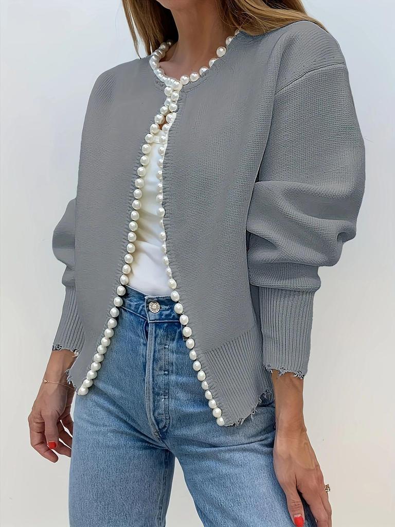2024 European & American Casual Pearl Round Neck Long Sleeve Black Cardigan Coat