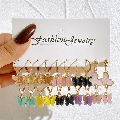 Colorful Butterfly Earring Set For Women Green Resin Checkerboard Heart Circle Dropping Oil Earring Set Metal Party Jewelry