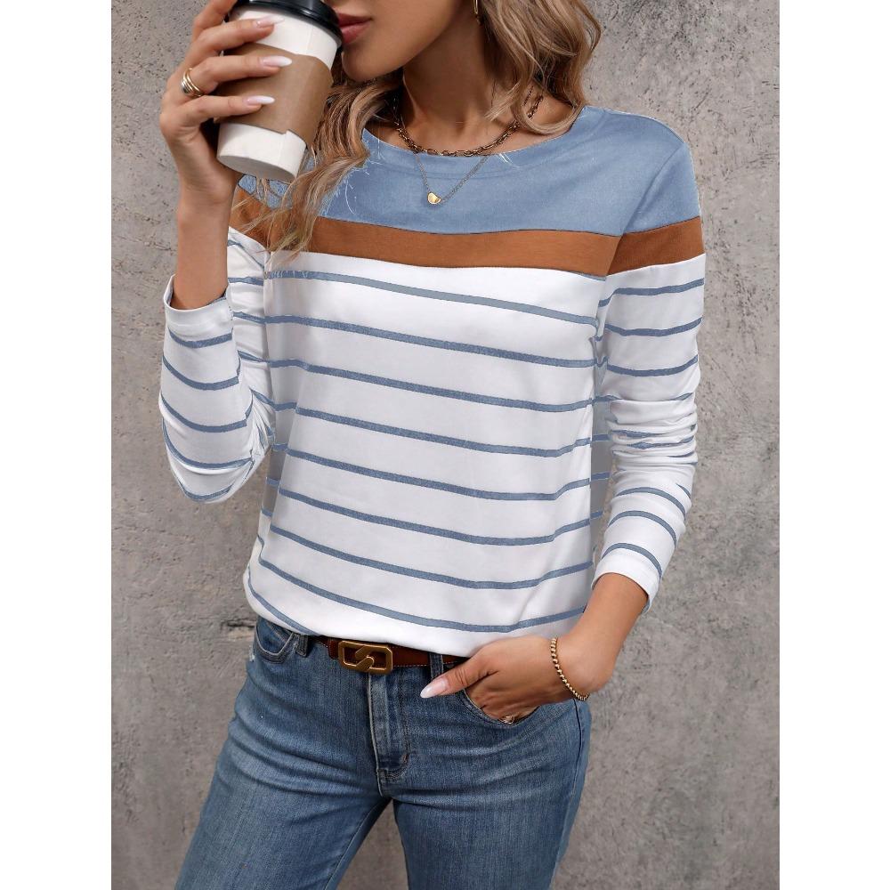 Striped Color-Block 3D Printed Long-Sleeve T-Shirt, Casual Women's Wear, Fashionable, Loose and Comfortable Slim-Fit Top