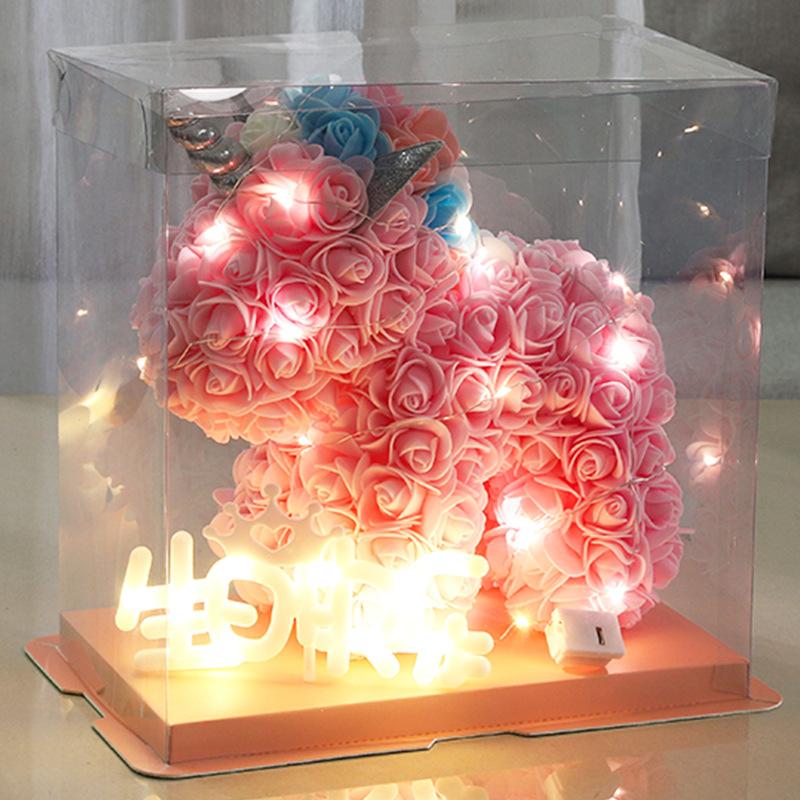 23*23CM Artificial Flower Unicorn with Wings PE Foam Flower Rose Rabbit Valentine's Day Wedding Gift Anniversary Festival Gift Box for Girlfriend