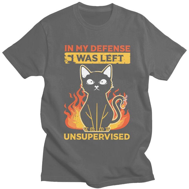 Custom In My Defense I Was Left Unsupervised Funny Cat T Shirt Men Pure Cotton Tshirt Tee Tops Streetwear Tshirt