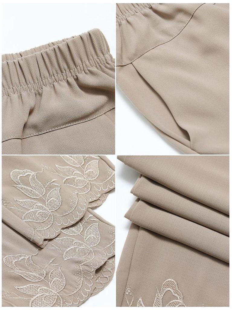 Mom's Chiffon High-Waisted Embroidered Loose-Fit Capri & Ankle Pants for Middle-Aged Women
