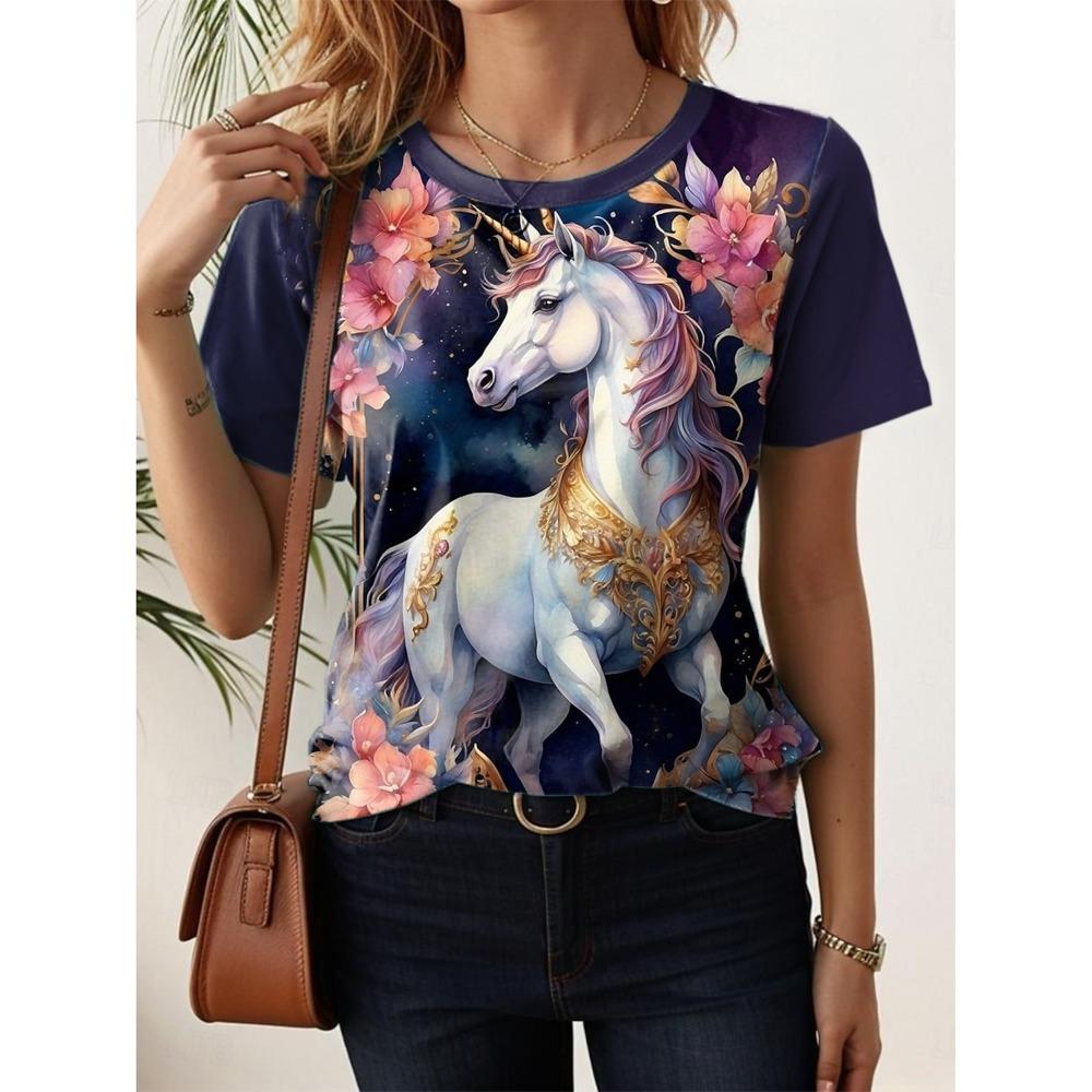 Summer Fashion Women's T-Shirts Funny Animal Hawaii Stylish Printed Casual Short Sleeve Crew Neck Tees Round Neck Regular Tops