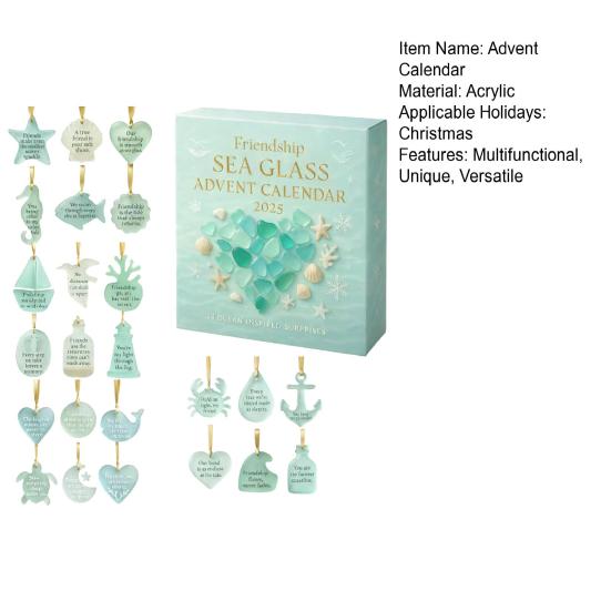 Friendship Sea Glass Advent Calendar 24 Days Acrylic Ornament with Ocean Themes Christmas Countdown Decor for Tree And Best Friends