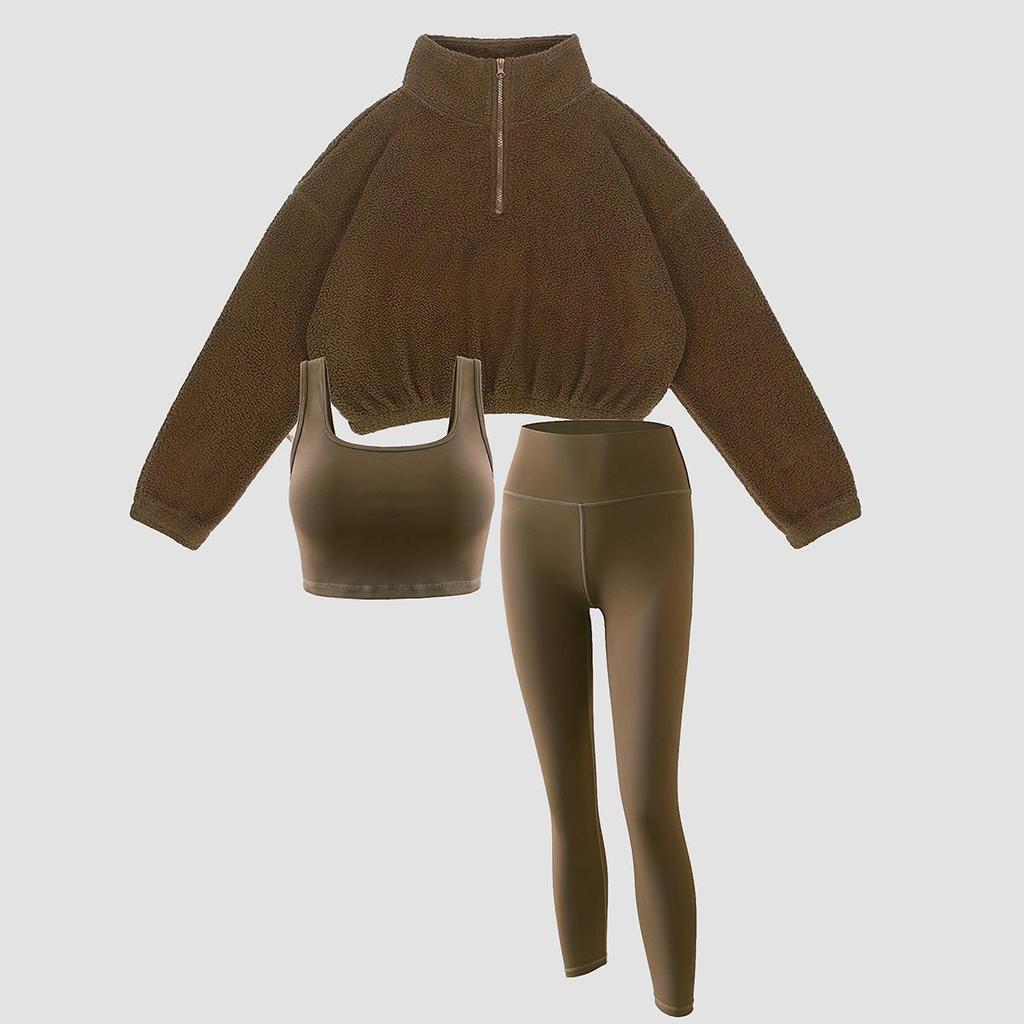 European & American Autumn/Winter Women's Fleece Three-Piece Set: High-Neck Half-Zip Sweatshirt, Vest, and Long Pants for Fitness.