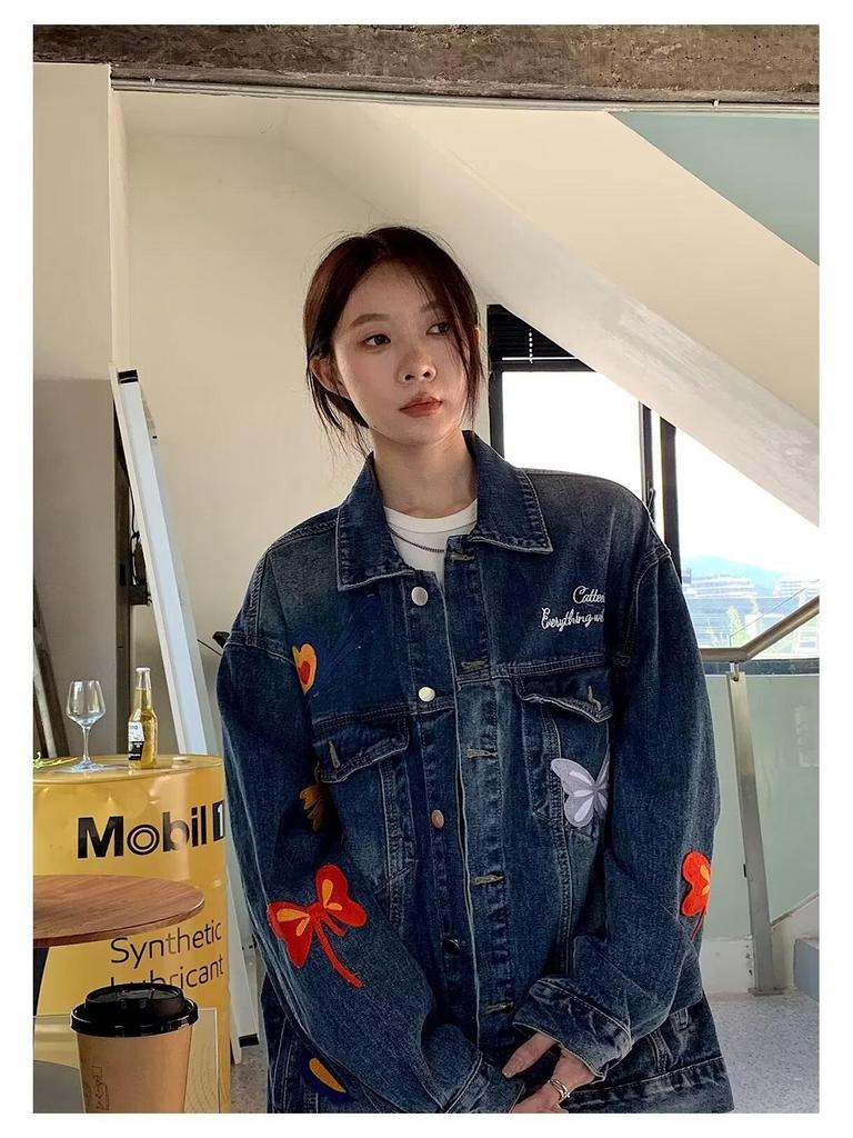 Trendy Unisex Butterfly Washed Denim Jacket - Spring/Autumn Casual Loose Fit