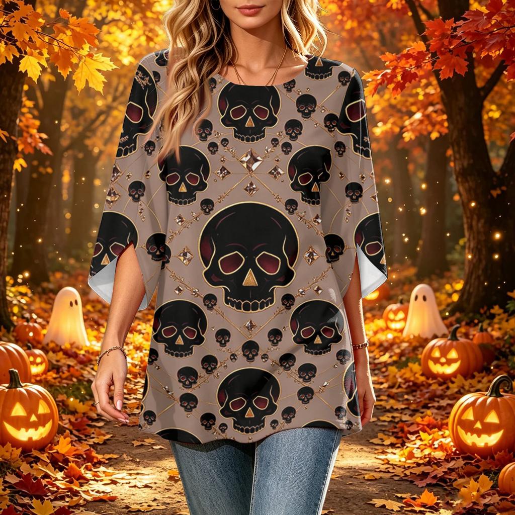 Women's Halloween Print Casual Neck Loose Fit 3/4 Sleeve Top