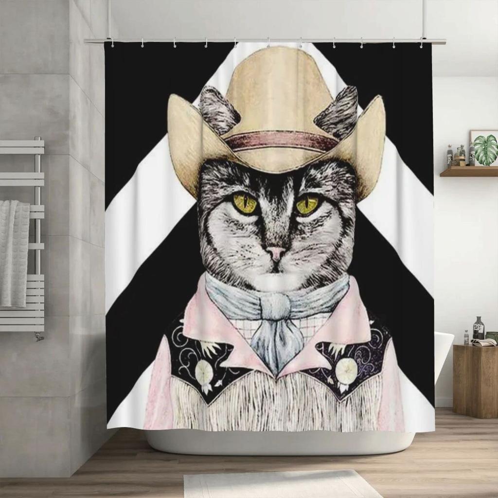 Funny Animals Shower Curtain,Cat Cowboy With Rifle Rides A Horse On Green Grass Ranch With Cow Dog Shower Curtains For Bathroom