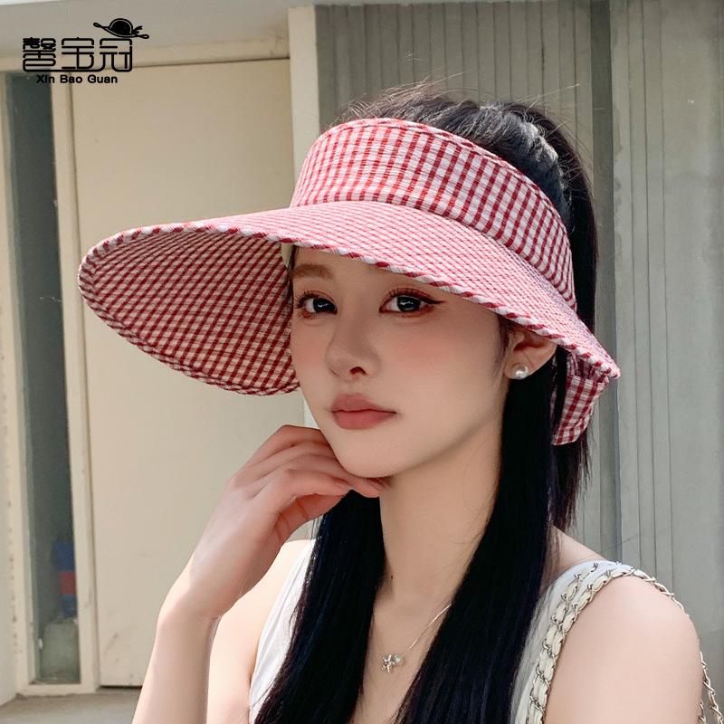 Summer sunscreen hat women's outdoor fresh plaid sun hat streamer bow large brim empty top hat