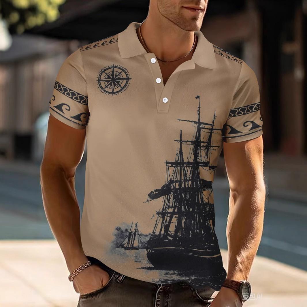 Summer New Sailing Pattern Printed Lapel Men s Casual Short Sleeve POLO Shirt T-Shirt S темно-коричневого
