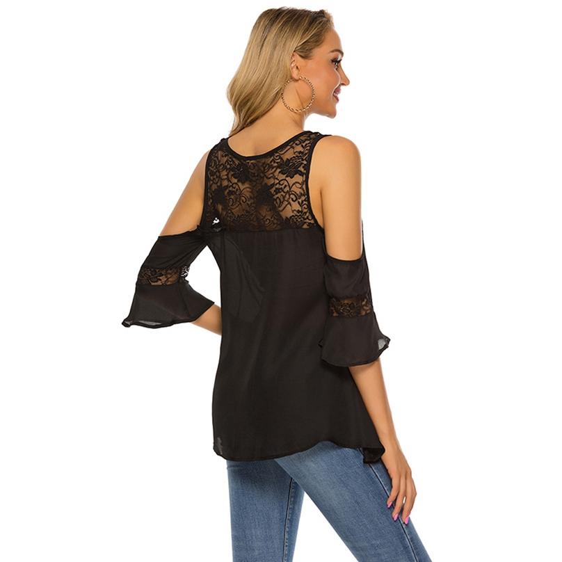 Women's Fashion Casual Round Neck Off-shoulder Lace Stitching Flared Short-sleeved Top