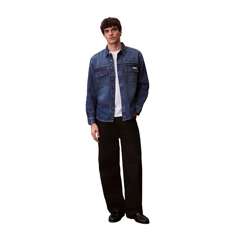 Calvin Klein American Vintage Minimalist Label Patch Pocket Cotton Linen Blend Denim Shirt Men shirts 4RF904G