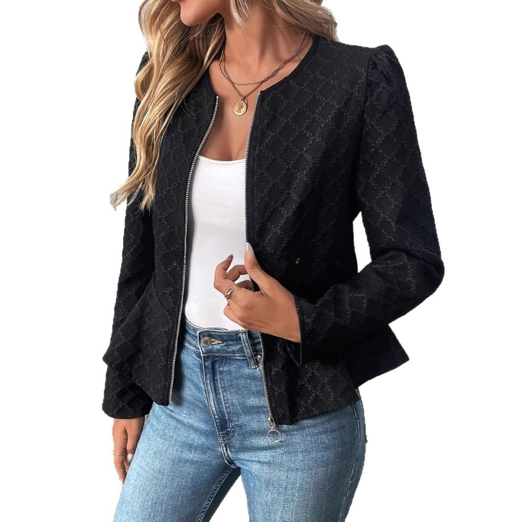 Women's Autumn Coat, Fashionable and Slim-fitting, Solid Color, Embossed, Fitted Waist, Long Sleeves, Round Neck Zipper Coat, Solid Color Design