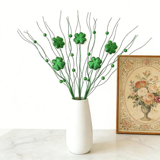 St. Patrick's Day Artificial Shamrock Plant Picks Glitter Four Leaf Clover Berries Stems for Flower Arrangements Irish Vase Home Table Centerpiece