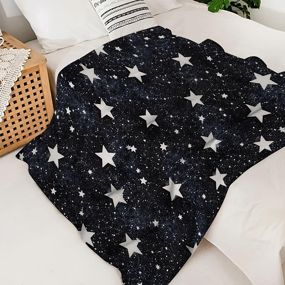 Black Starry Sky Flannel Throw Blanket White Star Glitter Print Soft Lightweight Kids Bedroom Decor Blanket
