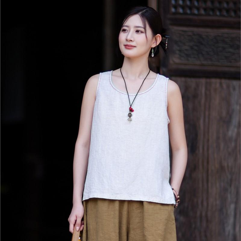 Johnature Women Vintage Tops Summer Chinese Style Solid Color Sleeveless O-Neck Embroidery Tops