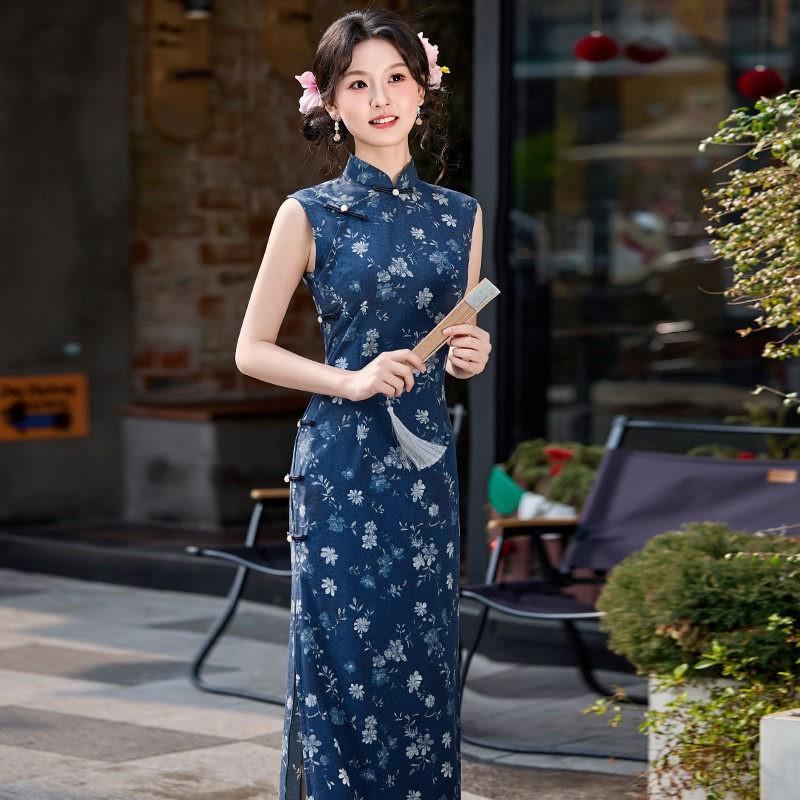 Long Sleeveless Chinese-Inspired Modern Cheongsam Dress Blue 2026 Womens Retro Elegant Daily Wear Small