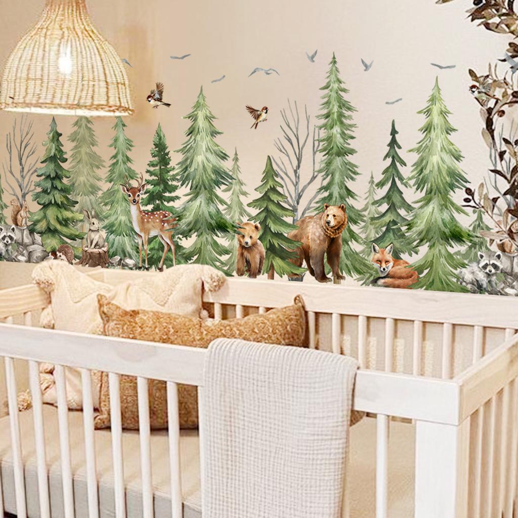 Safari Forest Animal Wall Stickers Deer Squirrel Bear Pine Tree Wallpaper for Kids Room Bedroom Nursery Decor