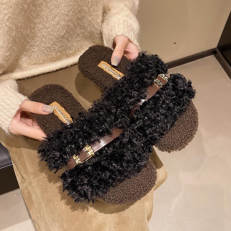 Fashion 2025 Luxury Slide Shoes Woman Thick Sole Buckle Belt Plush Slipper Ladies Winter Curly Teddy Fur Platform Sandals