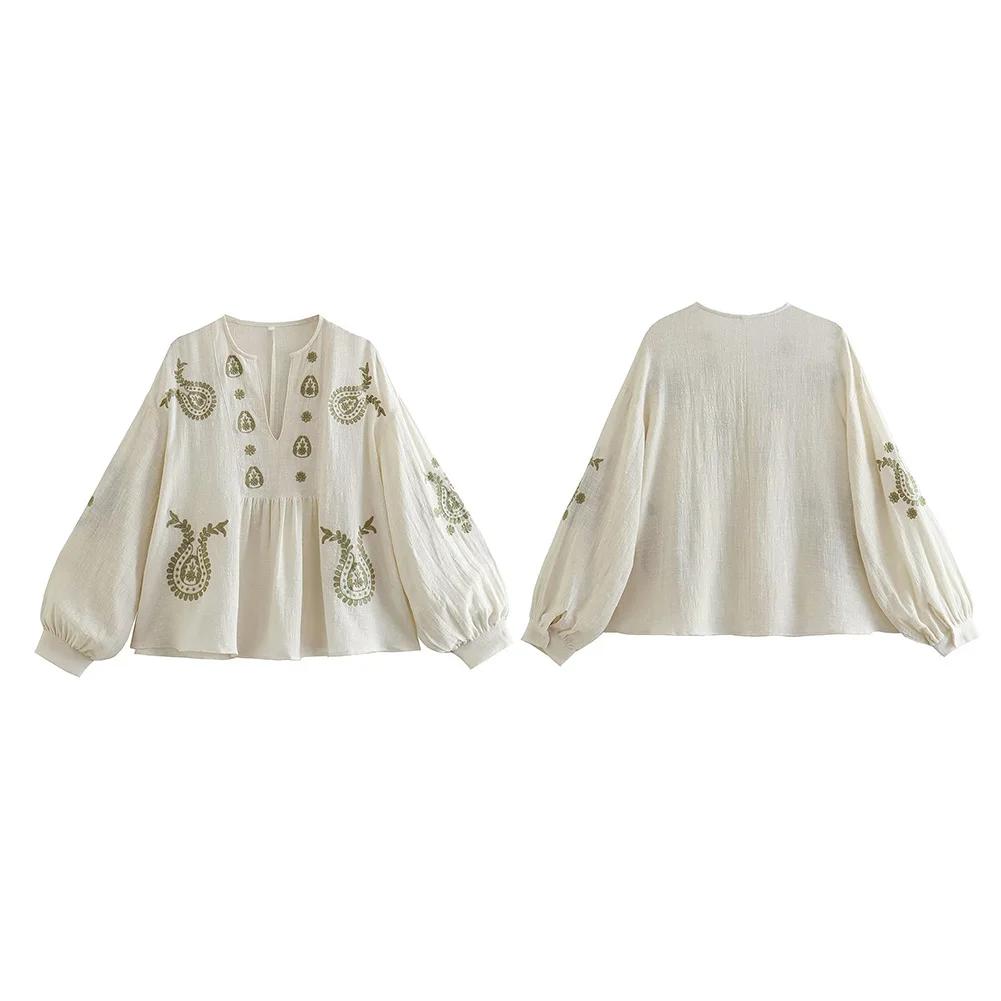 Womens  Loose Cotton Embroidery Shirt Stylish Elegant Long Sleeve Western-style Summer V-neck Fashionable Versatile Top