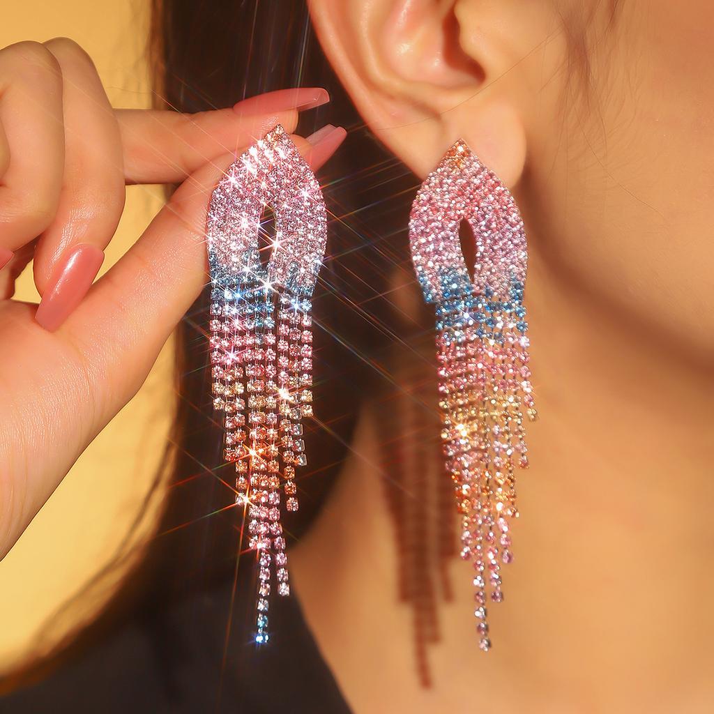 Temperament Color Shiny Rhinestone Long Earrings