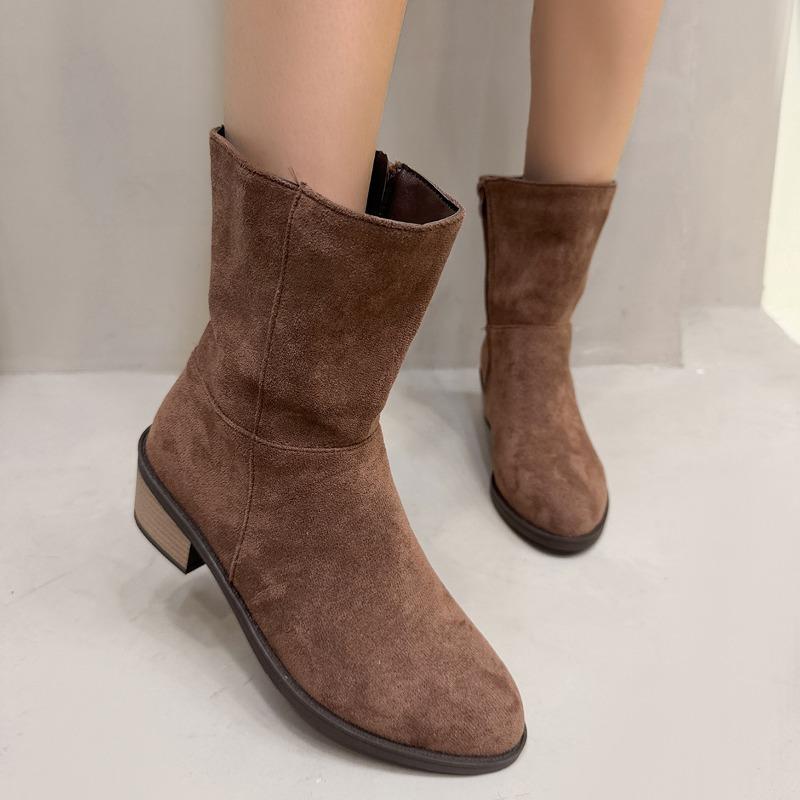 Side Zipper Coarse Heel Suede Martin Boots Women's Medium Heel Large Size Thin Short Naked Boots