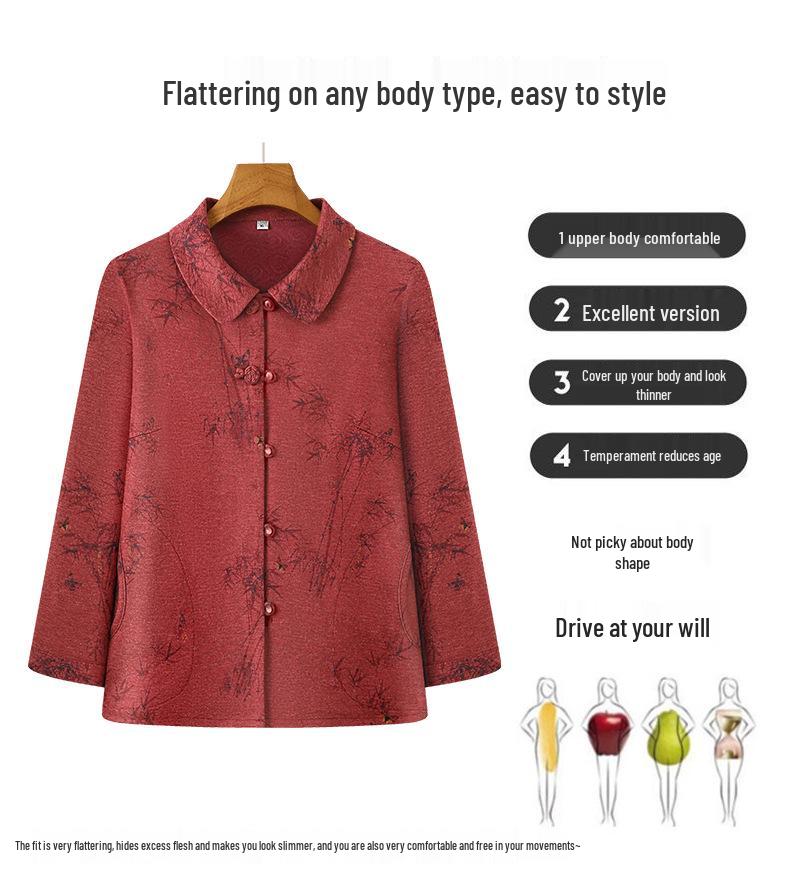 Babiččin módní top s dlouhým rukávem: Jaro & Podzim Límec s klopami pro ženy středního věku a starší