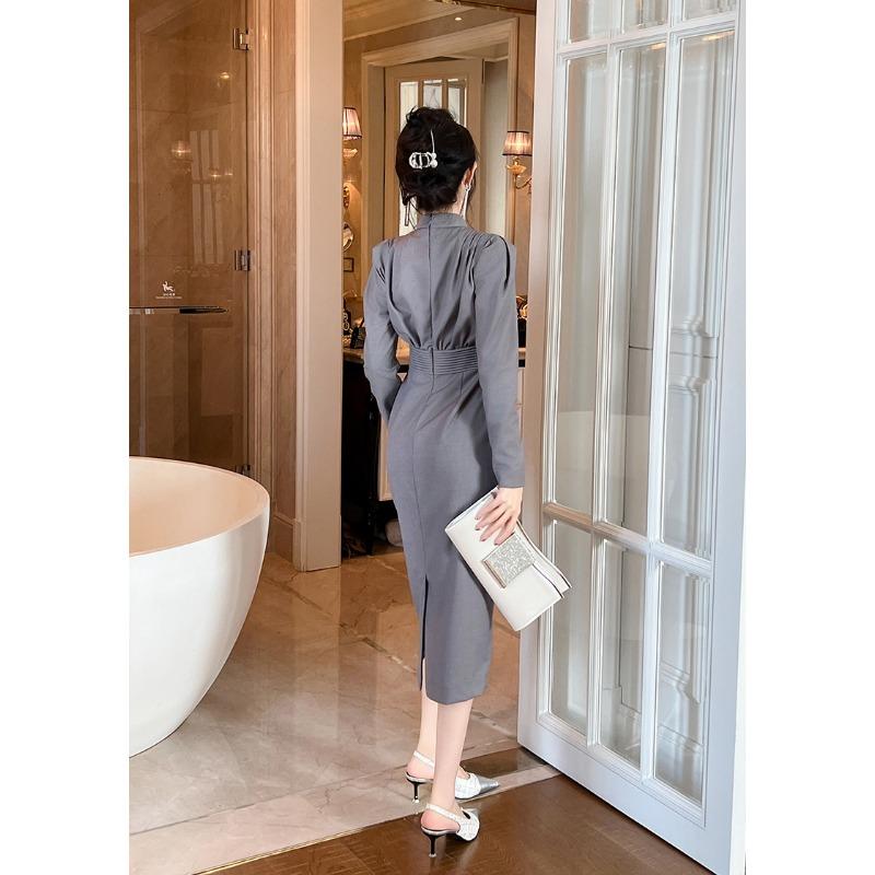 Women's Professional Dress Vintage Crew-neck Pleated Fanny Pack Hip Commuter Dress