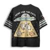 V Neck Football Jersey Cute UFO Alien Abduct Cats Star Space Print Tee Black Cream Mint Striped Short Sleeve Sport Tee