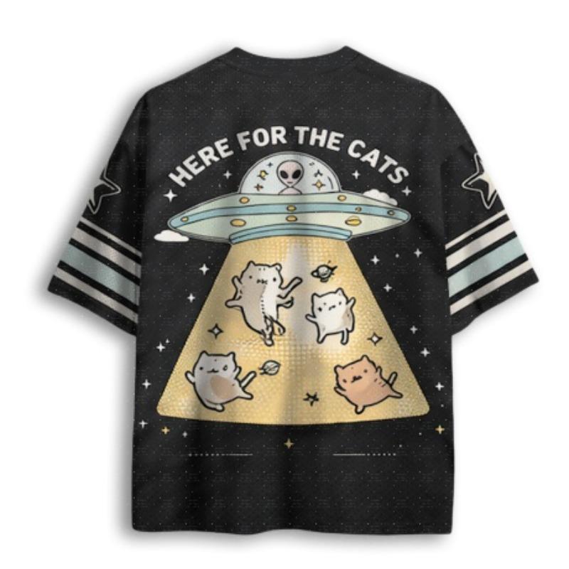 V Neck Football Jersey Cute UFO Alien Abduct Cats Star Space Print Tee Black Cream Mint Striped Short Sleeve Sport Tee