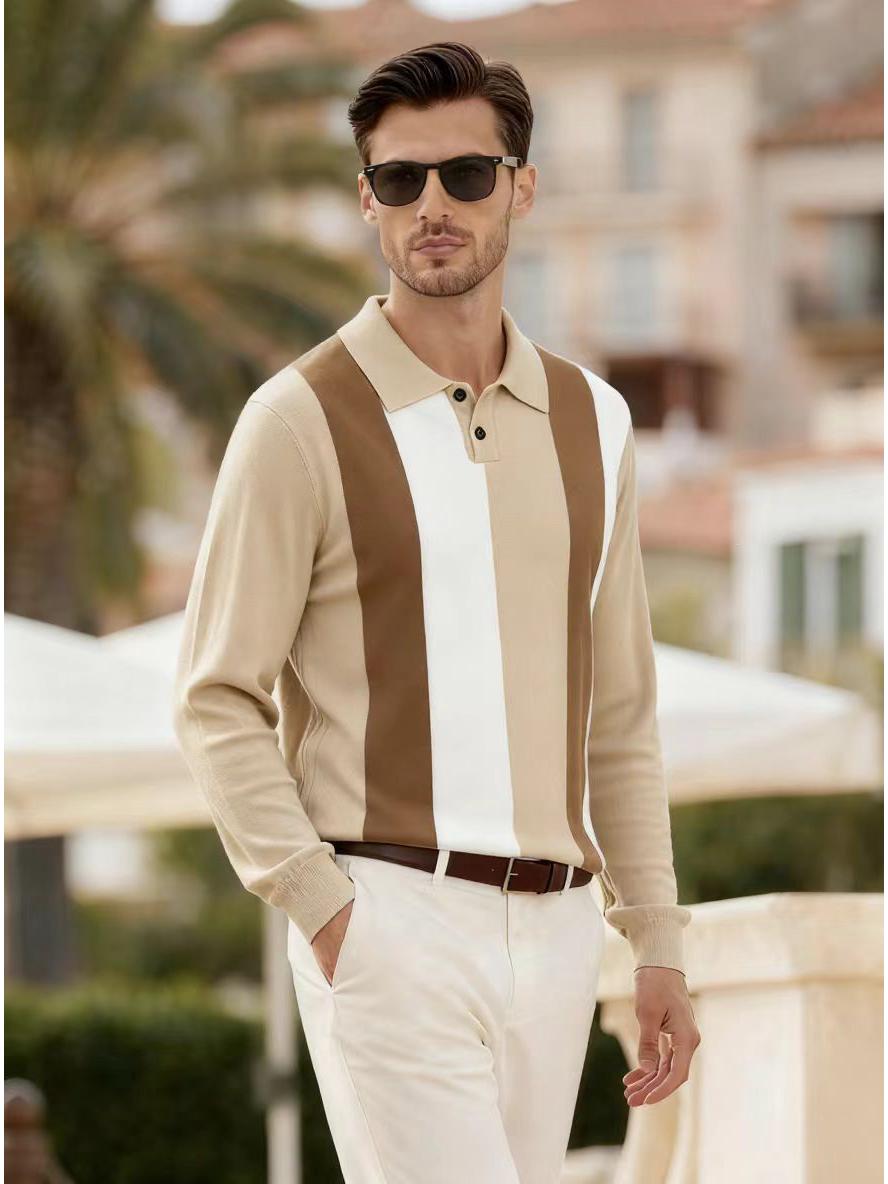 

Men s Retro British Business Casual Knit Long-Sleeve Polo Shirt XXL хакі