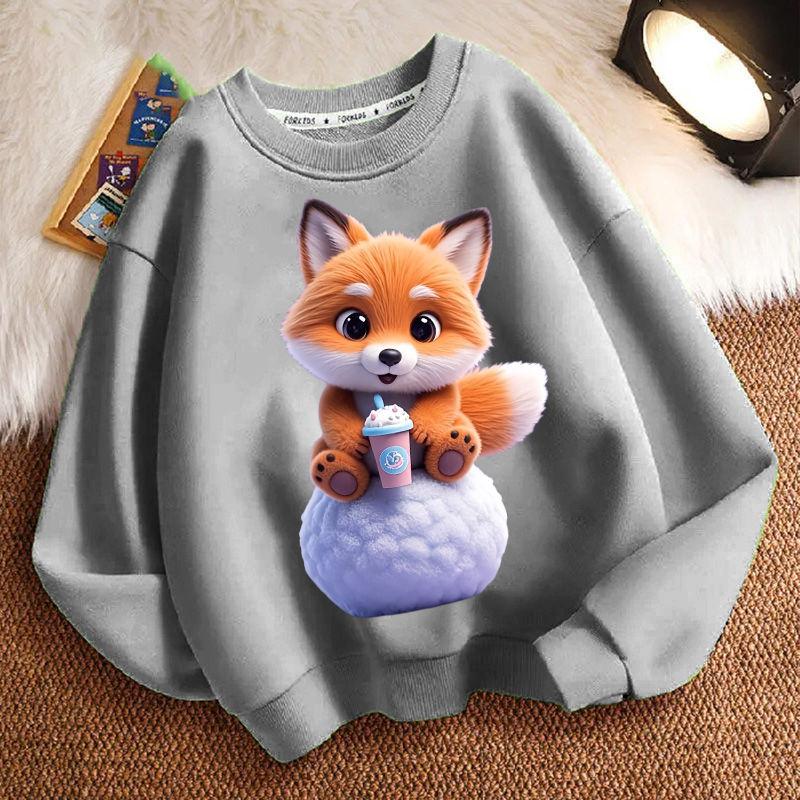 Cute Milk Tea Little Fox Round-neck Hoodie for Children, Fashionable Long-sleeved Casual Hoodie for Boys and Girls in Spring and Autumn