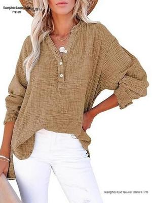 2026 Europäischer Mode-Pullover für Damen, einfarbig, gefaltet, mit Knöpfen, Langarm, Baumwolle