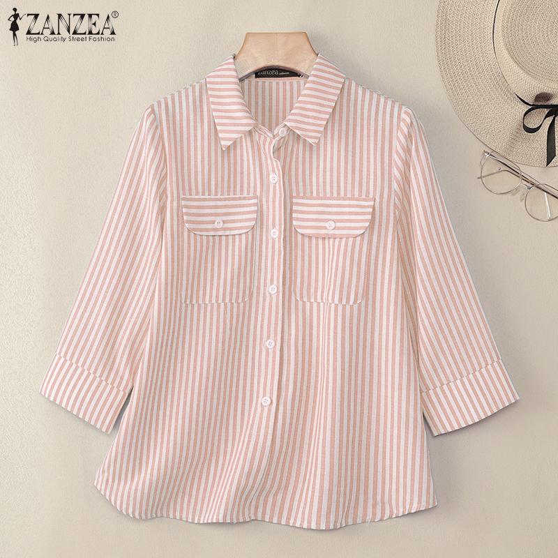 ZANZEA Women Turn Down Collar Loose Casual 3/4 Sleeve Stripe Blouse