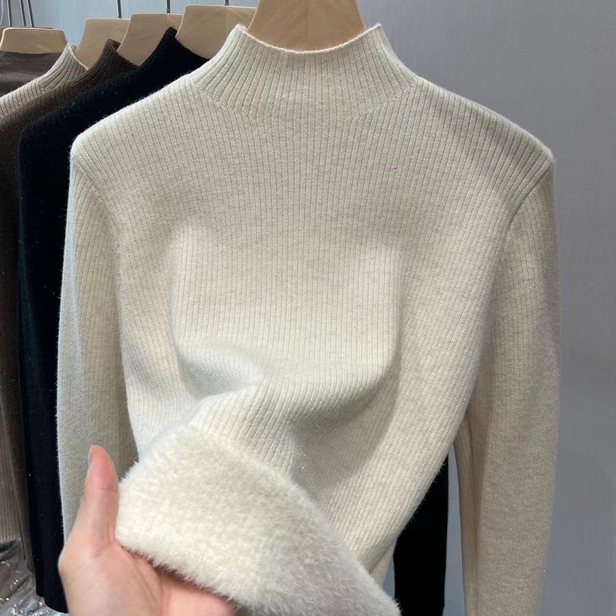 Women's Fleece-Lined and Thickened Half-High Neck Base Layer Sweater for Winter Inner Wear with Integrated Fleece Fabric