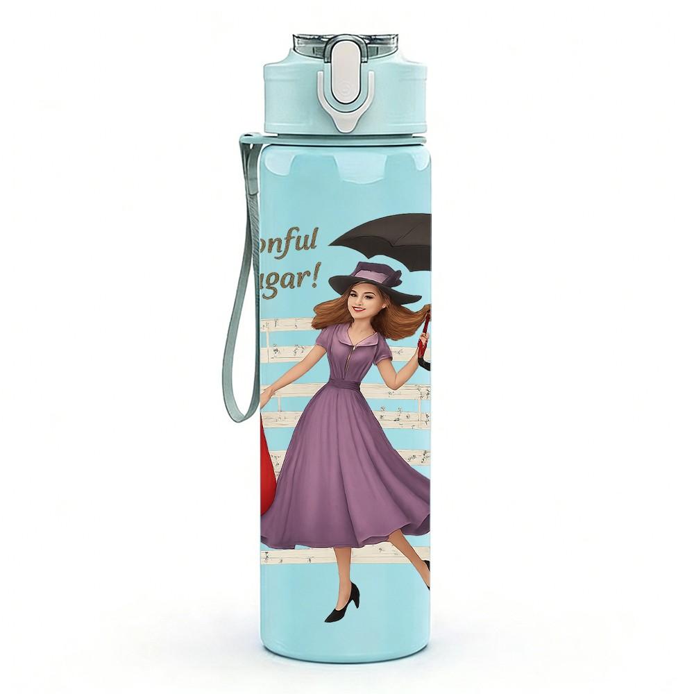 1PC Lady Umbrella Walking Painting 750ml Color Plastic Sports Water Bottle Leakproof Flip Straw Lid For Sports Office Home Use