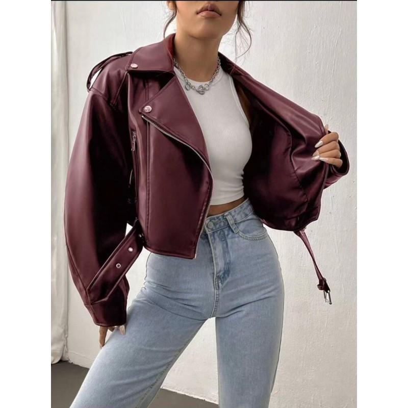 Womens Short PU Leather Moto Jacket Slim Fit Street Style Outerwear Black Wine Beige Brown Peach