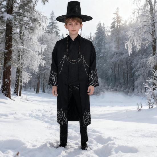 Korean Anime Cosplay Costume Black Flame Robe Shirt Pant Hat Set Villain Role-playing Outfit for Kids Halloween Carnival Performance