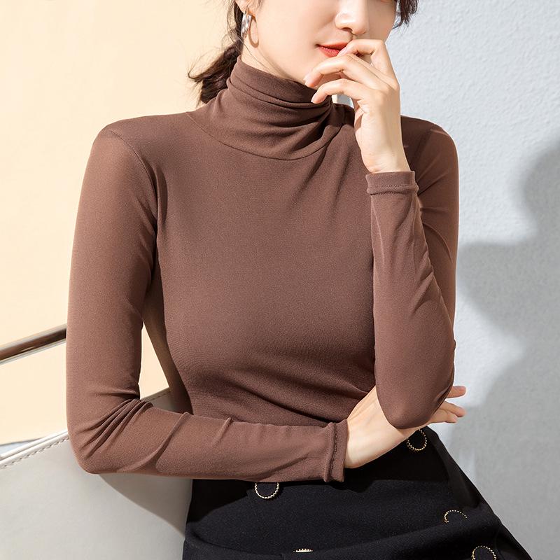 Women's Velvet Mesh High-Neck Base Layer: Long-Sleeve, Solid Color, Slim Fit for Autumn/Winter 2023