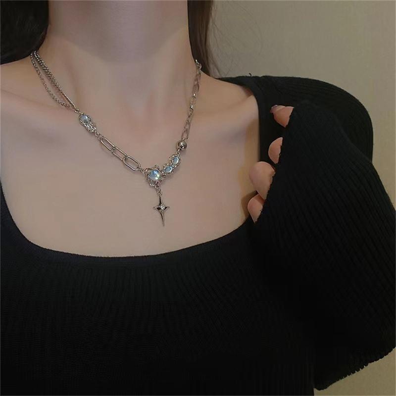 Trendy Bling Měsíční kámen Hvězda Kříž Přívěsek Náhrdelník Pro Ženy Punk Hip Hop Náhrdelník Párty Y2K Šperky Dárek