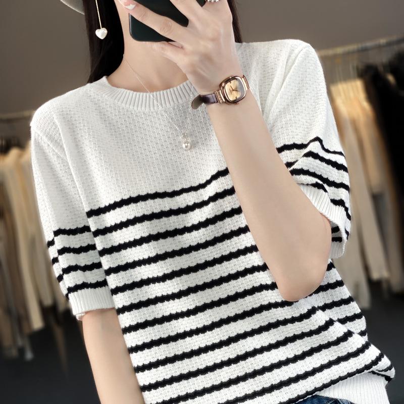 

Pure Cotton Round Neck Black and White Striped Knitted Short-sleeved Women s Summer New Style Pimple Needle Base Comfortable and Versatile Top S білий