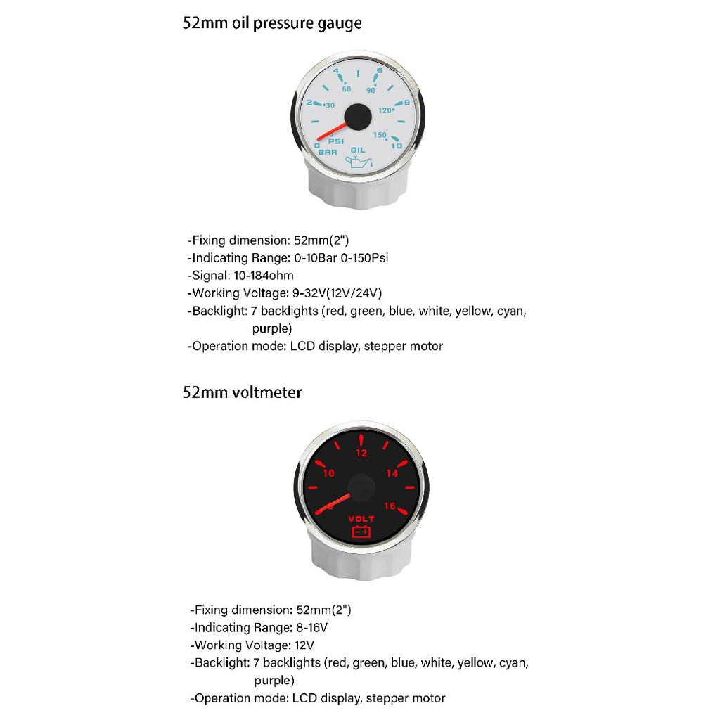 ELING 6 Gauge Set 85mm 200km/h 160MPH GPS Speedometer Tachometer 52mm 0-120℃ Water Temp Oil Pressure Fuel Level Voltmeter 12V