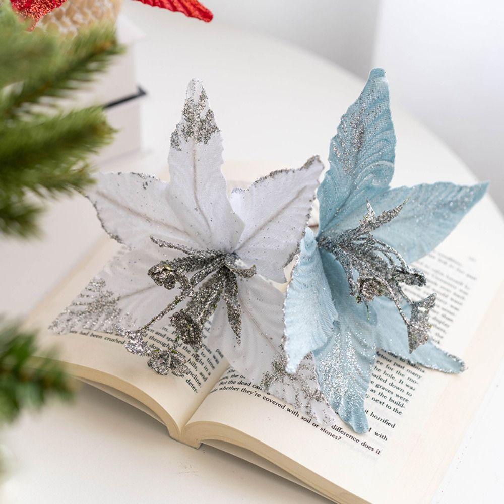 New Fabric Plastic Christmas Artificial Flowers 20cm/26cm Ornaments Fake Flower DIY Decoration Glitter Poinsettia New Year