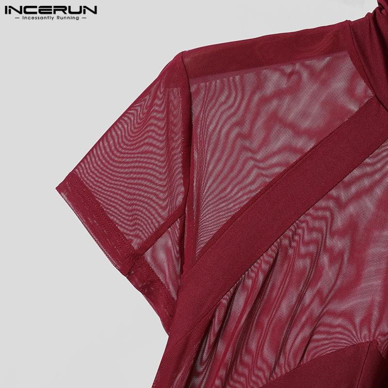 INCERUN Letní pánské rolákové tričko s krátkým rukávem, prošívané síťovinou, průsvitné, ležérní