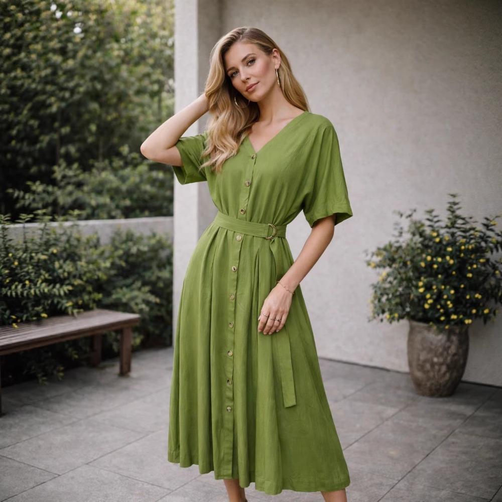Women's V Neck Short Sleeve Midi Dress Loose Fit Elastic Waist Elegant Style Rayon Linen Blend A Line Dress With Button Belt